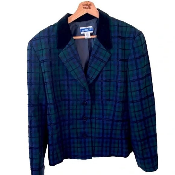 Pendleton Jackets & Blazers - Vintage Pendleton Plaid Wool Blend Blazer in Blue and Green Size 18